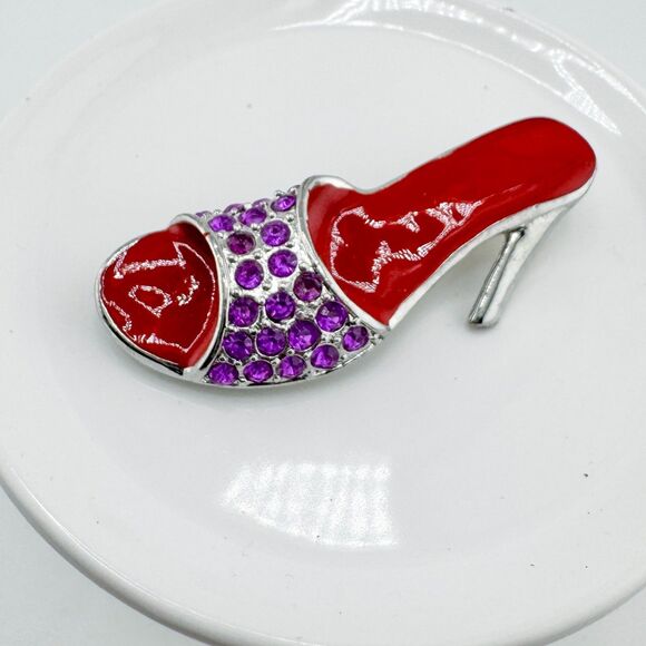 Vintage Red Hat Society Brooch – Rhinestone High Heel Pin Purple & Red Glam - Picture 5 of 7